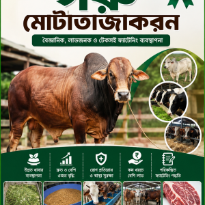 সহজ ও আধুনিক পদ্ধতিতে গরু মোটাতাজাকরণ PDF বইয়ের কভার – গরু মোটাতাজাকরণ, খাদ্য ব্যবস্থাপনা, রেশন ফর্মুলা ও স্বাস্থ্য ব্যবস্থাপনা বিষয়ক বাংলা গাইড।